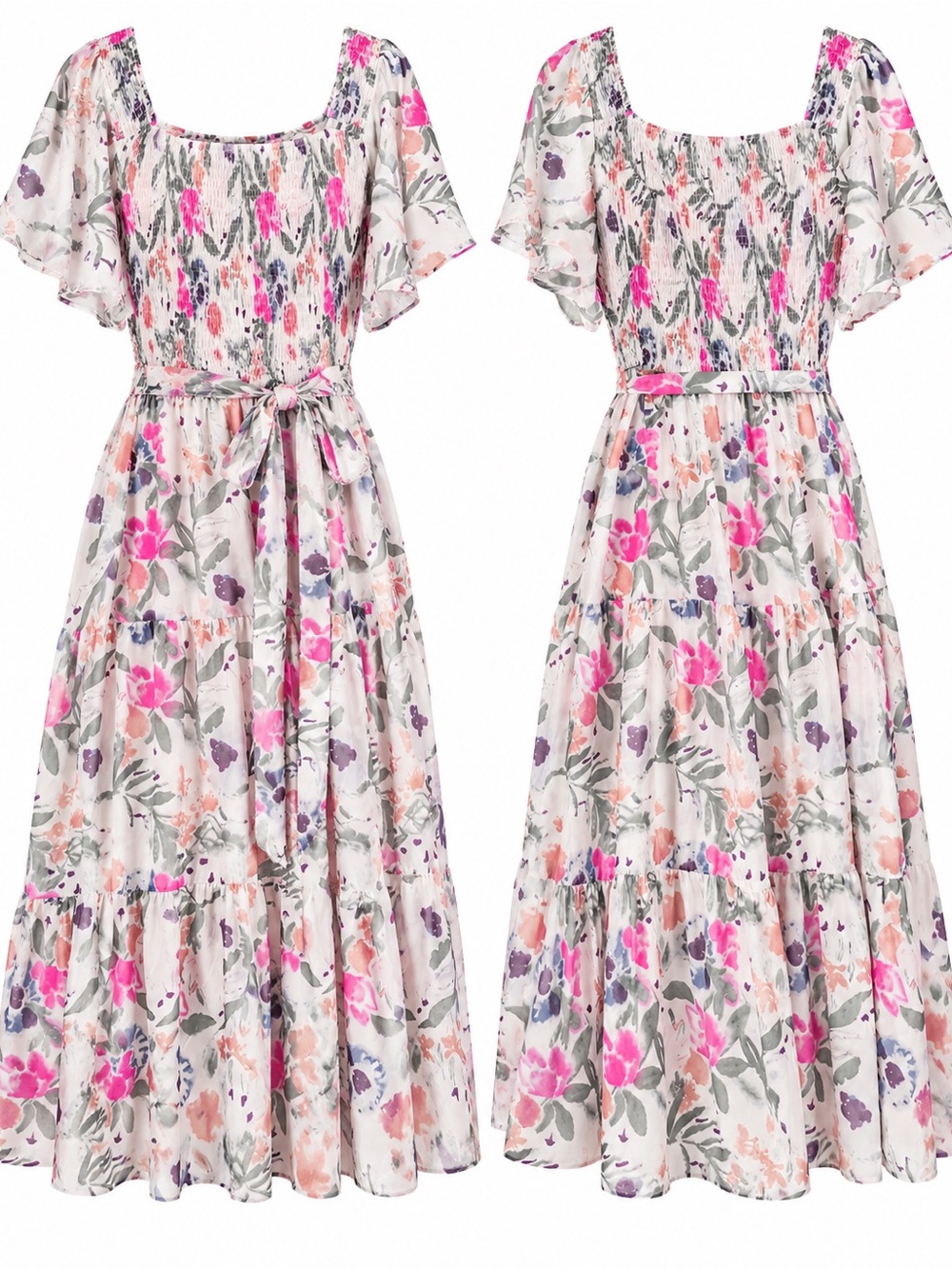 Simplee XL Floral Smocked Tiered Maxi Dress Flutter Sleeve Belted